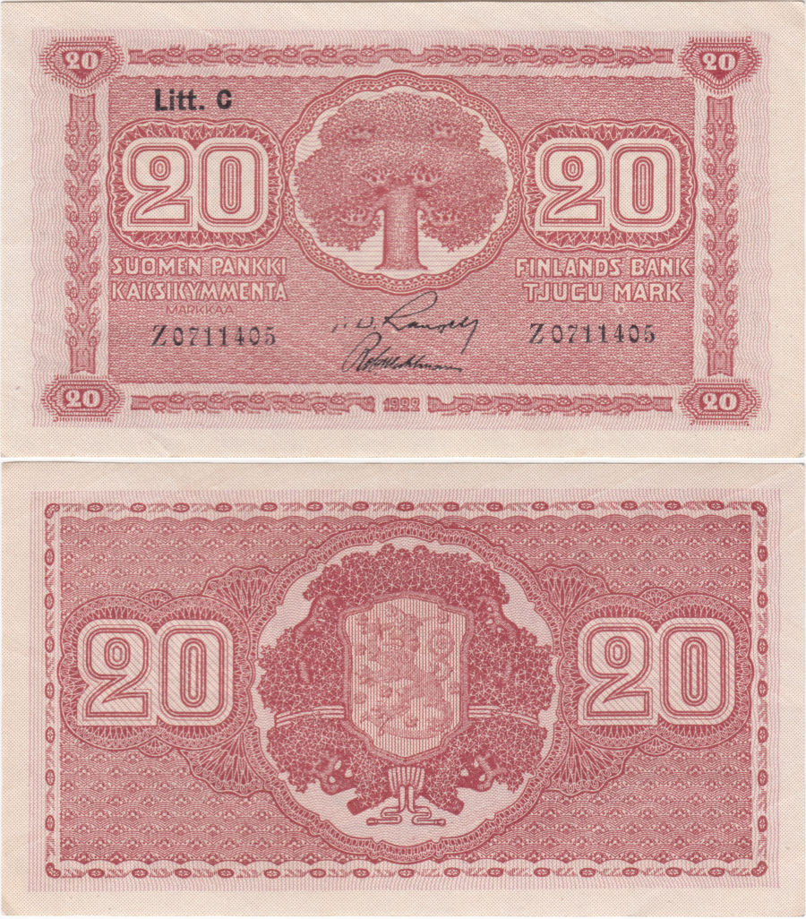 20 Markkaa 1922 Litt.C Z0711405 kl.8-9